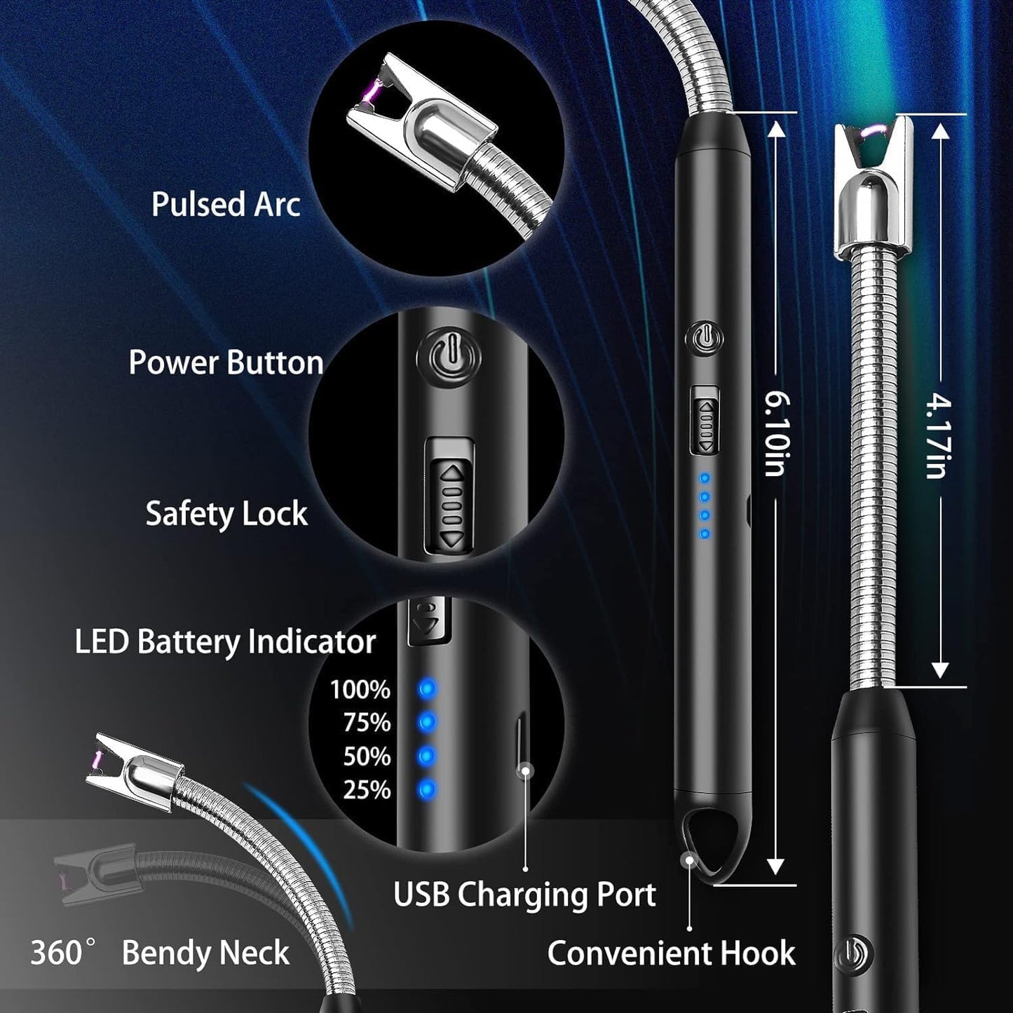 Electric Lighter for Candles Rechargeable Electric Gas Lighter Home Use Candle Lighter Plasma Flameless Windproof USB Lighter 360° Flexible Neck Arc Lighter (Multicolor)