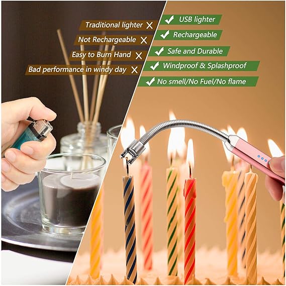 Electric Lighter for Candles Rechargeable Electric Gas Lighter Home Use Candle Lighter Plasma Flameless Windproof USB Lighter 360° Flexible Neck Arc Lighter (Multicolor)