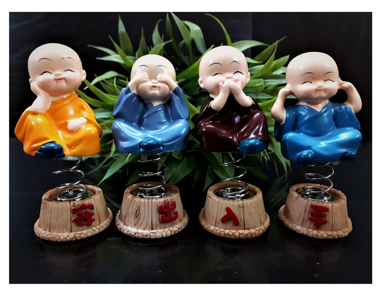 Classy Corners Buddha Monk Surprises Set of 4 Cute Polyresin Baby Monk Buddha Figurines On Spring for Car Dashboard, Home Decor