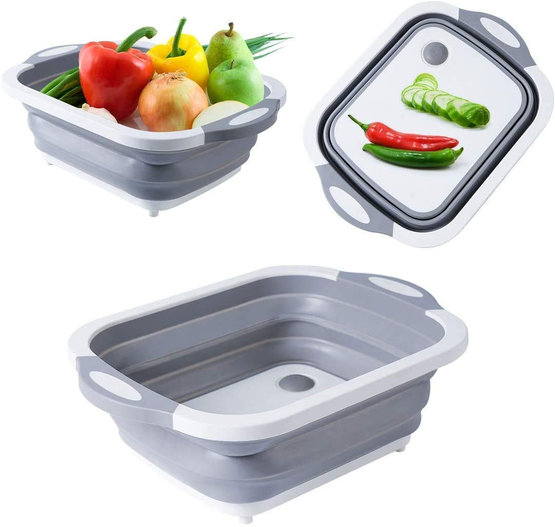 4-in-1 Multipurpose Cutting Board with Washing Bowl – Foldable, Collapsible Dish Tub, Silicone-Based Chopping Board, Fruit & Vegetable Basket for Kitchen, Travel & Outdoor Use