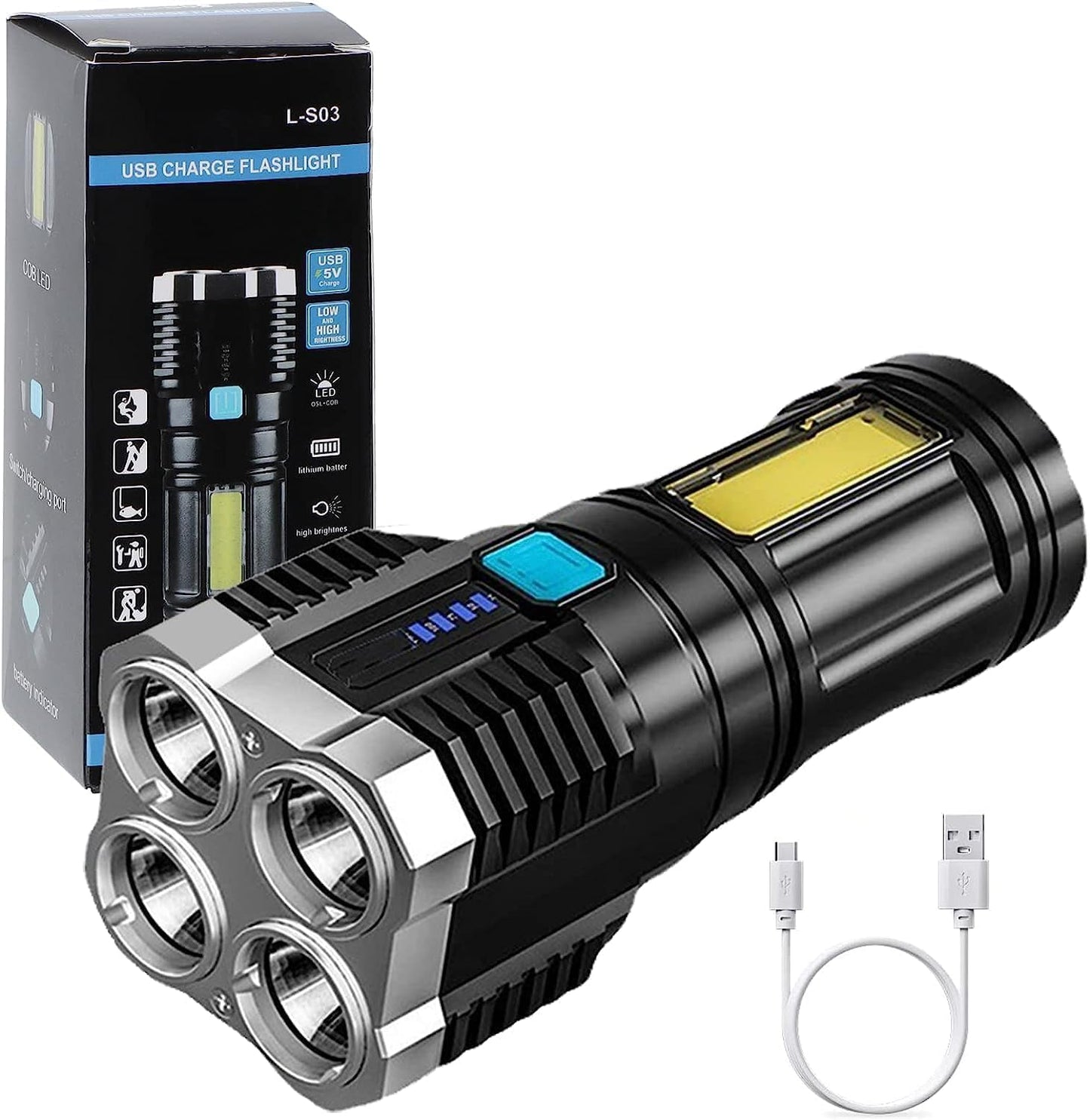 4 in 1 Led Torch Lights Rechargeable Emergency Torch Light 5W USB Charge Flashlight - High Power Long Distance Beam Range 4 Mode Torch for Outdoor,.............