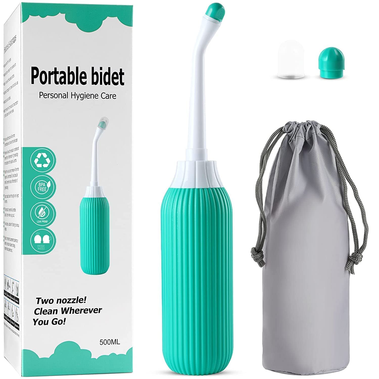 Handheld Portable Bidet Spray Bottle for Toilet Retractable Bidet Angled Nozzle Jet Spray for Personal Hygiene Care with 2 Nozzles and Travel Pouch Bag