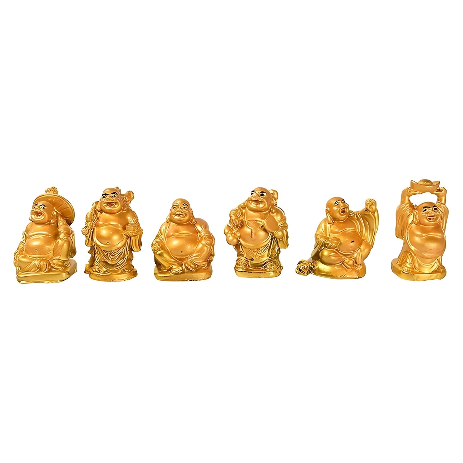 Golden Laughing Buddha Set of Six Pieces Statue | Feng Shui Set Figurine/Golden Statue/Decorative Showpiece/Happy & Success, Wealth & Good Luck, Decorative Idol