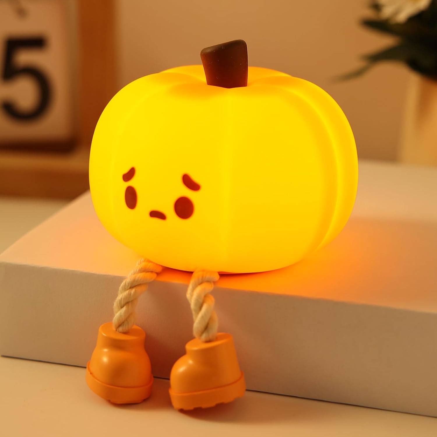 Orange Silicone Squishy Pumpkin Night Light, LED Cute Lamp, Rechargeable Nursery Nightlight with 3 Level Dimmable Bedside Touch Lamp for Bedroom Kids Room Decor