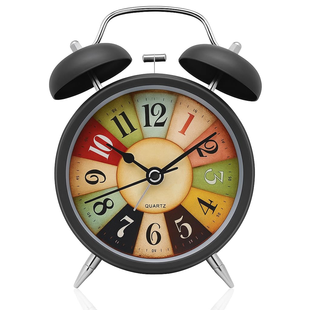 Table Clock Retro Twin Bell Metal Frame Alarm Clock with Night Backlight Function & Silent Motion, Bedside Luminous Alarm for Students Bedroom/Office