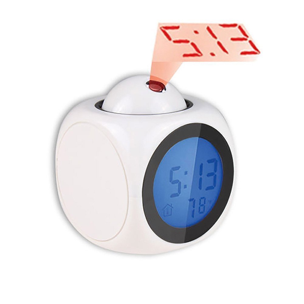 Plastic LCD Talking Digital Alarm Clock with Projector Time Display Watch with Indoor Temperature, Smart Night Light, Bold Numbers