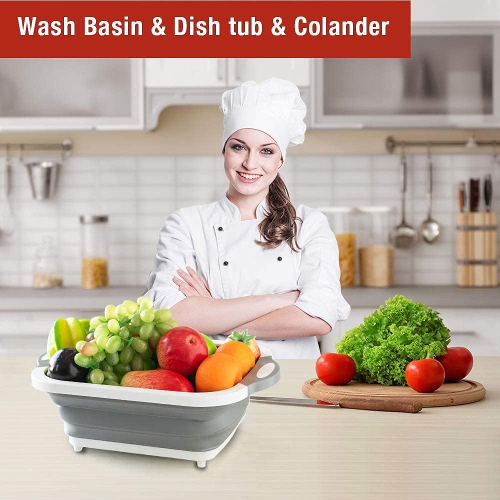 4-in-1 Multipurpose Cutting Board with Washing Bowl – Foldable, Collapsible Dish Tub, Silicone-Based Chopping Board, Fruit & Vegetable Basket for Kitchen, Travel & Outdoor Use