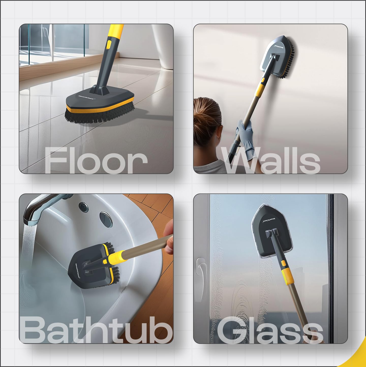 MinuteToCleanIt Bathroom Cleaning Brush with Long Handle, Hard Bristles, Microfiber Pad & Scrubber Combo for Tiles, Floor, Toilet, Window & Glass - 58.2 Inch Extendable Pole, Detachable Head, Yellow