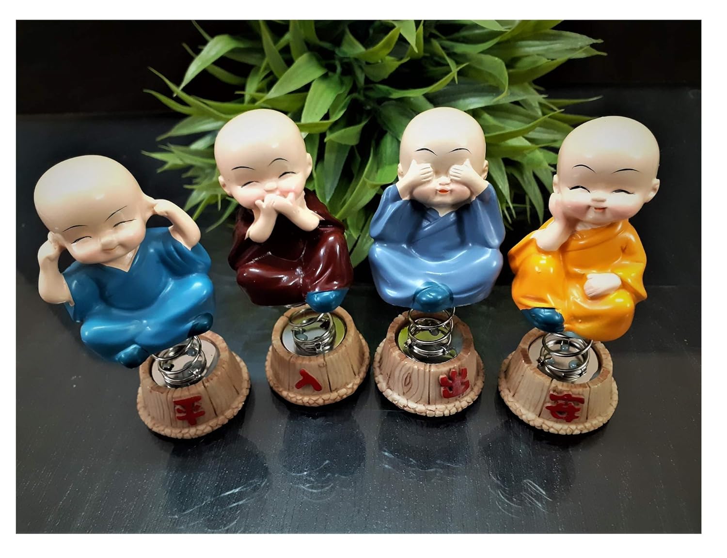 Classy Corners Buddha Monk Surprises Set of 4 Cute Polyresin Baby Monk Buddha Figurines On Spring for Car Dashboard, Home Decor