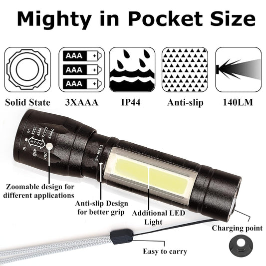 High Quality LED Flashlight With COB Light Mini Waterproof Portable LED COB Flashlight USB Rechargeable 3 Modes Pen Clip Light Flashlight With Hanging Rope Small Size Black Colored