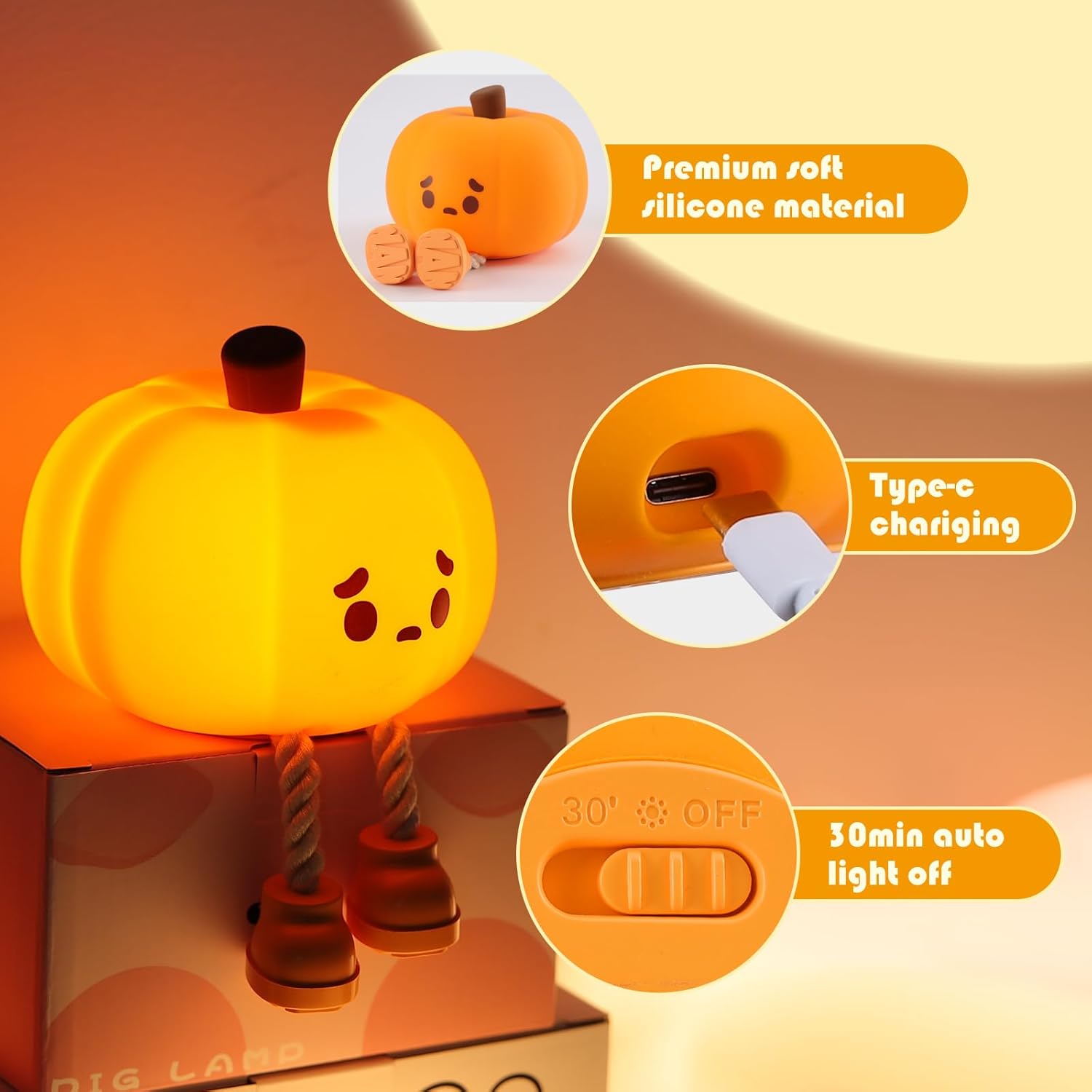 Orange Silicone Squishy Pumpkin Night Light, LED Cute Lamp, Rechargeable Nursery Nightlight with 3 Level Dimmable Bedside Touch Lamp for Bedroom Kids Room Decor