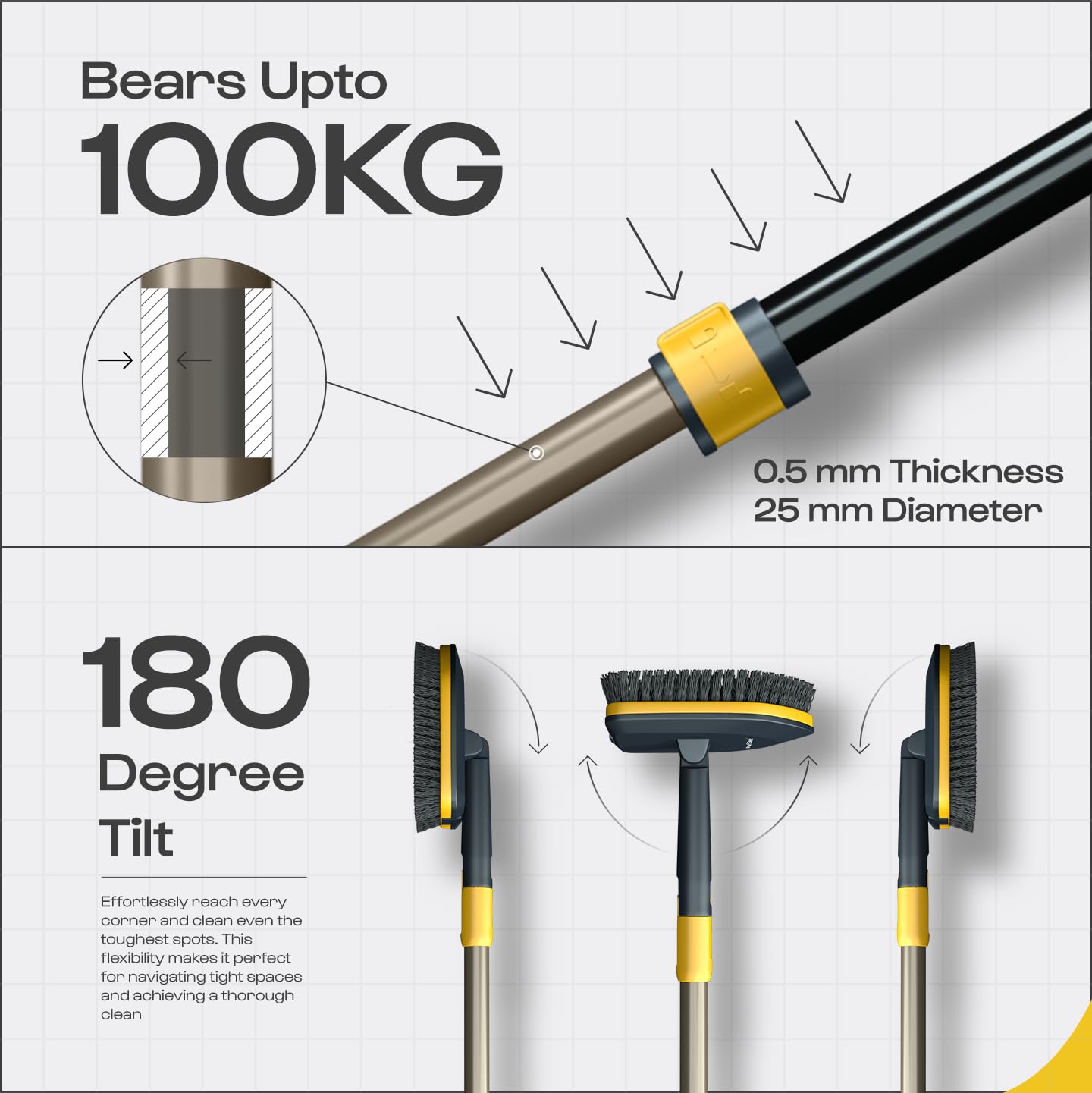 MinuteToCleanIt Bathroom Cleaning Brush with Long Handle, Hard Bristles, Microfiber Pad & Scrubber Combo for Tiles, Floor, Toilet, Window & Glass - 58.2 Inch Extendable Pole, Detachable Head, Yellow