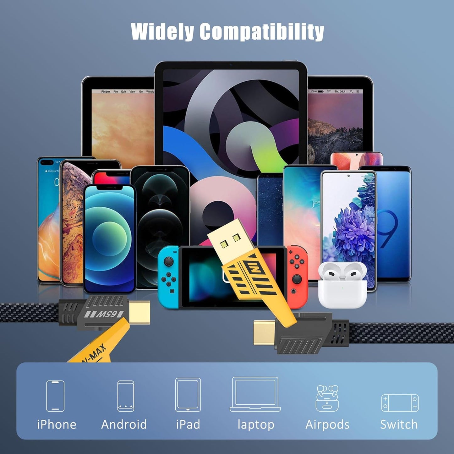Ultra Fast Charging Cable 4 in 1 [1.8M] Nylon Universal Multiple USB Cable with USB A/USB Type C to 65W USB C + 27W PD Data Cable Charger Wire Compatible with All Mobiles