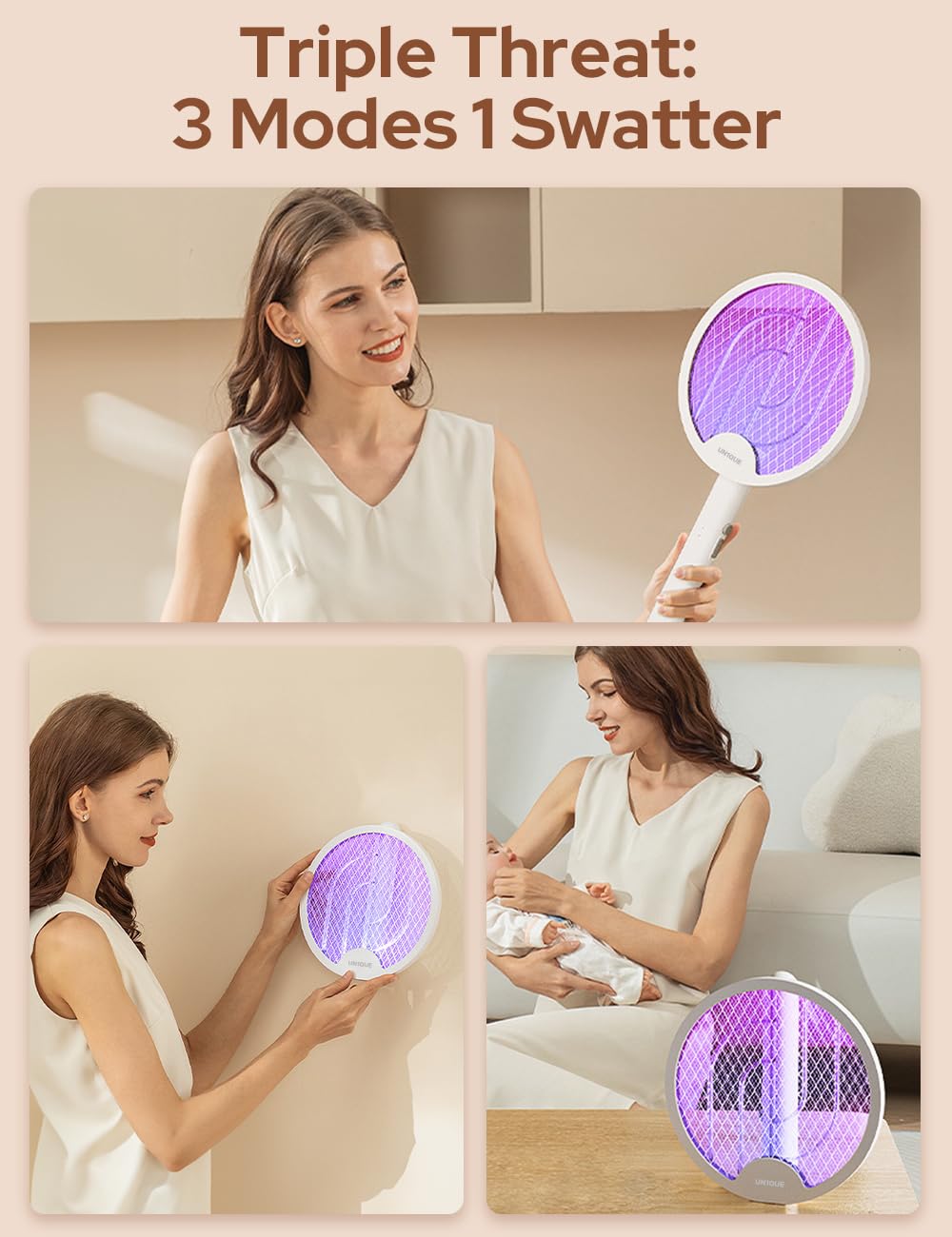 Foldable Swivel Mosquito Bat, 3 in 1 Mosquito Racket USB Rechargeable, Bug Zapper Electric Fly Swatter with UV Light Lamp, Hangable Mosquito Swatter Racket w/Long Lasting Lithium-ion Battery