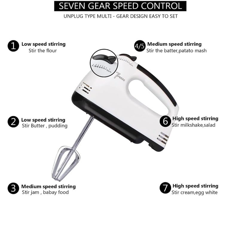 7-Speed Electric Beater for Baking, Whipping Cream & Eggs, Powerful Hand Mixer with Stainless Steel Attachments, Ideal for Kitchen Use