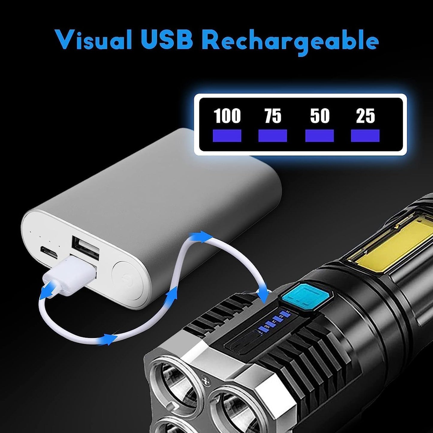 4 in 1 Led Torch Lights Rechargeable Emergency Torch Light 5W USB Charge Flashlight - High Power Long Distance Beam Range 4 Mode Torch for Outdoor,.............