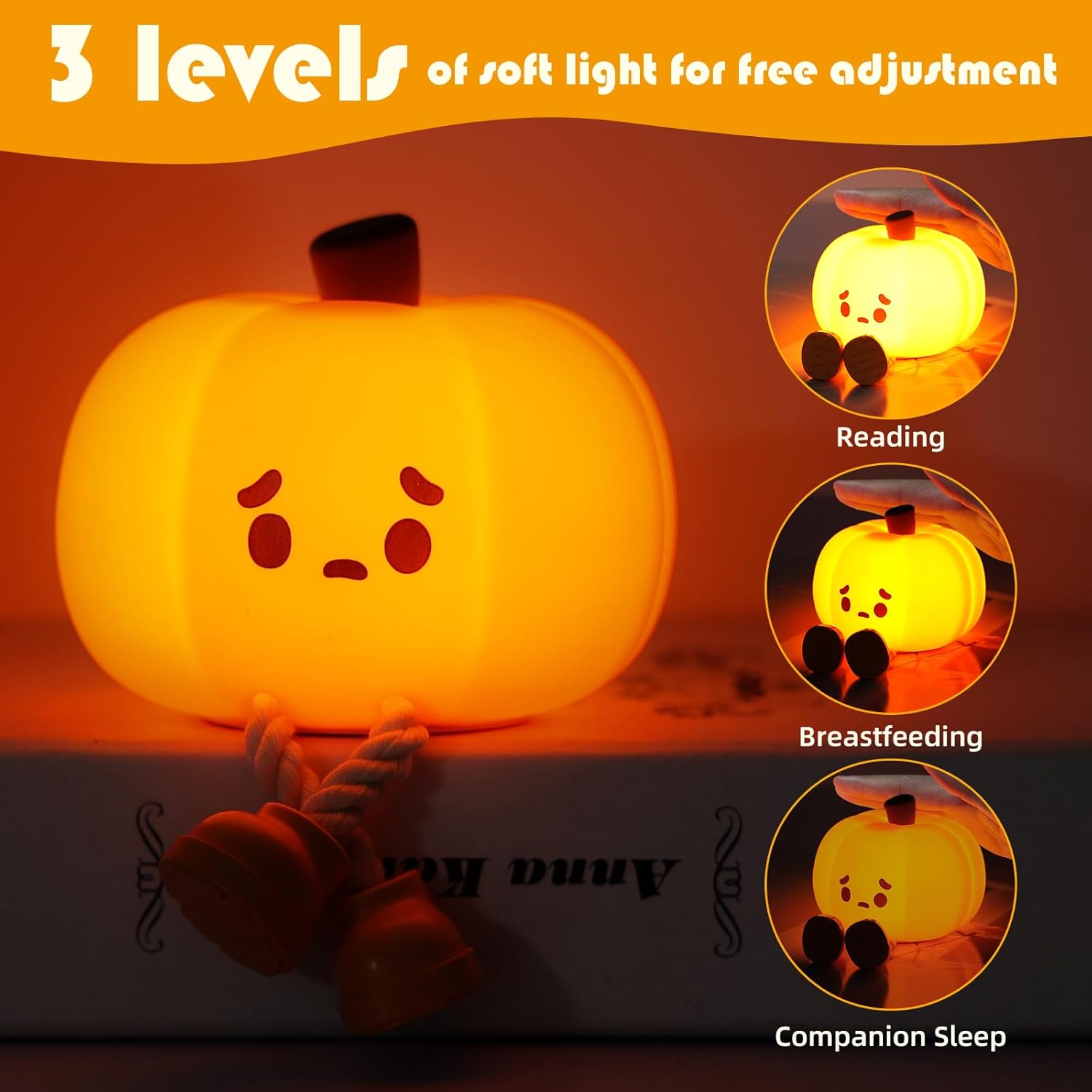 Orange Silicone Squishy Pumpkin Night Light, LED Cute Lamp, Rechargeable Nursery Nightlight with 3 Level Dimmable Bedside Touch Lamp for Bedroom Kids Room Decor