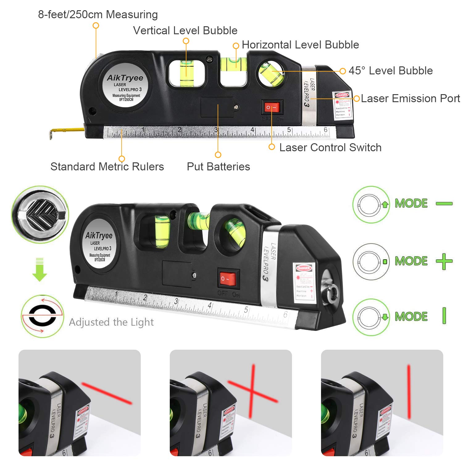 Multipurpose ABS Laser Level Line Tool Kit | Standard Cross | leveler Beam with Metric Rulers 8ft/2.5M for Picture Hanging cabinets Tile Walls