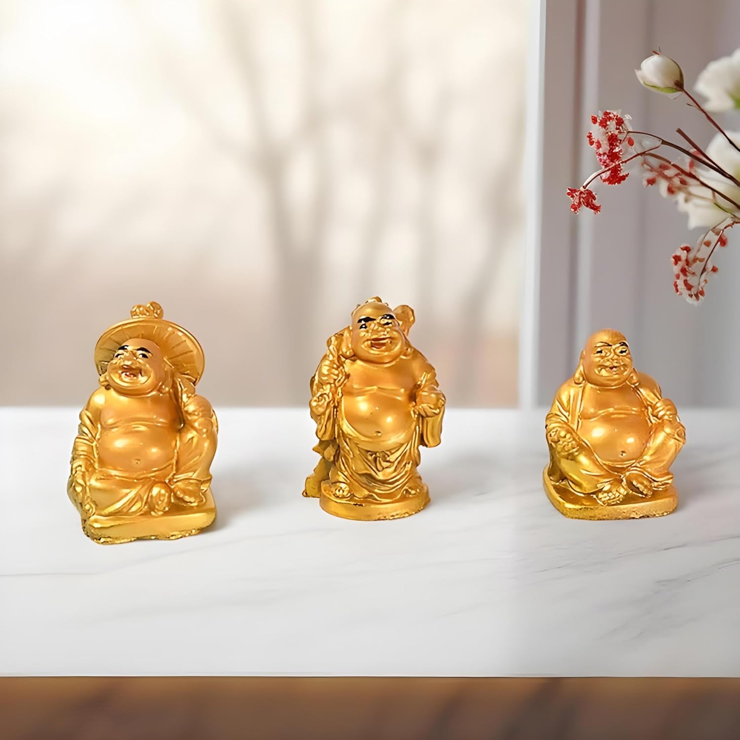 Golden Laughing Buddha Set of Six Pieces Statue | Feng Shui Set Figurine/Golden Statue/Decorative Showpiece/Happy & Success, Wealth & Good Luck, Decorative Idol