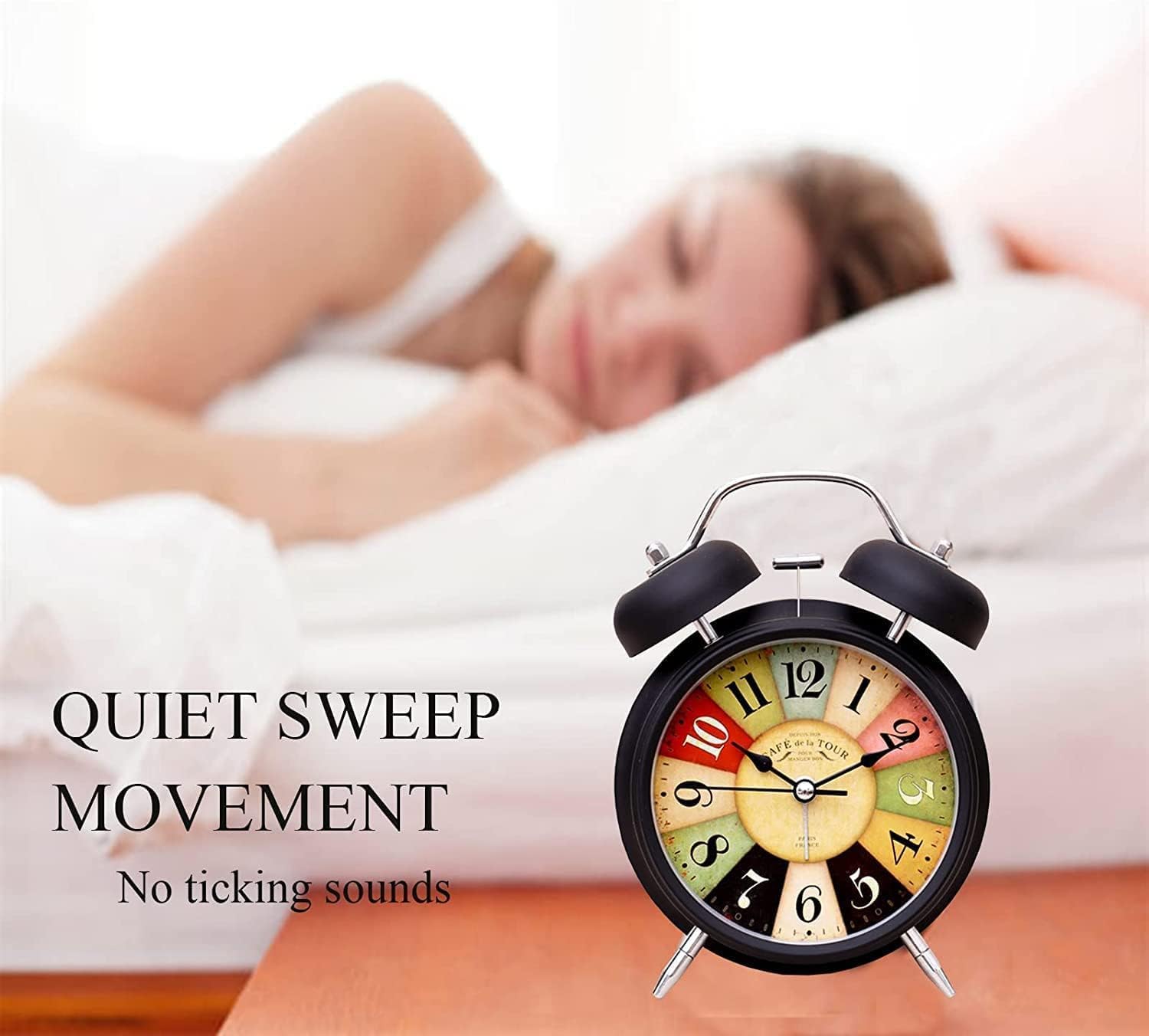 Table Clock Retro Twin Bell Metal Frame Alarm Clock with Night Backlight Function & Silent Motion, Bedside Luminous Alarm for Students Bedroom/Office