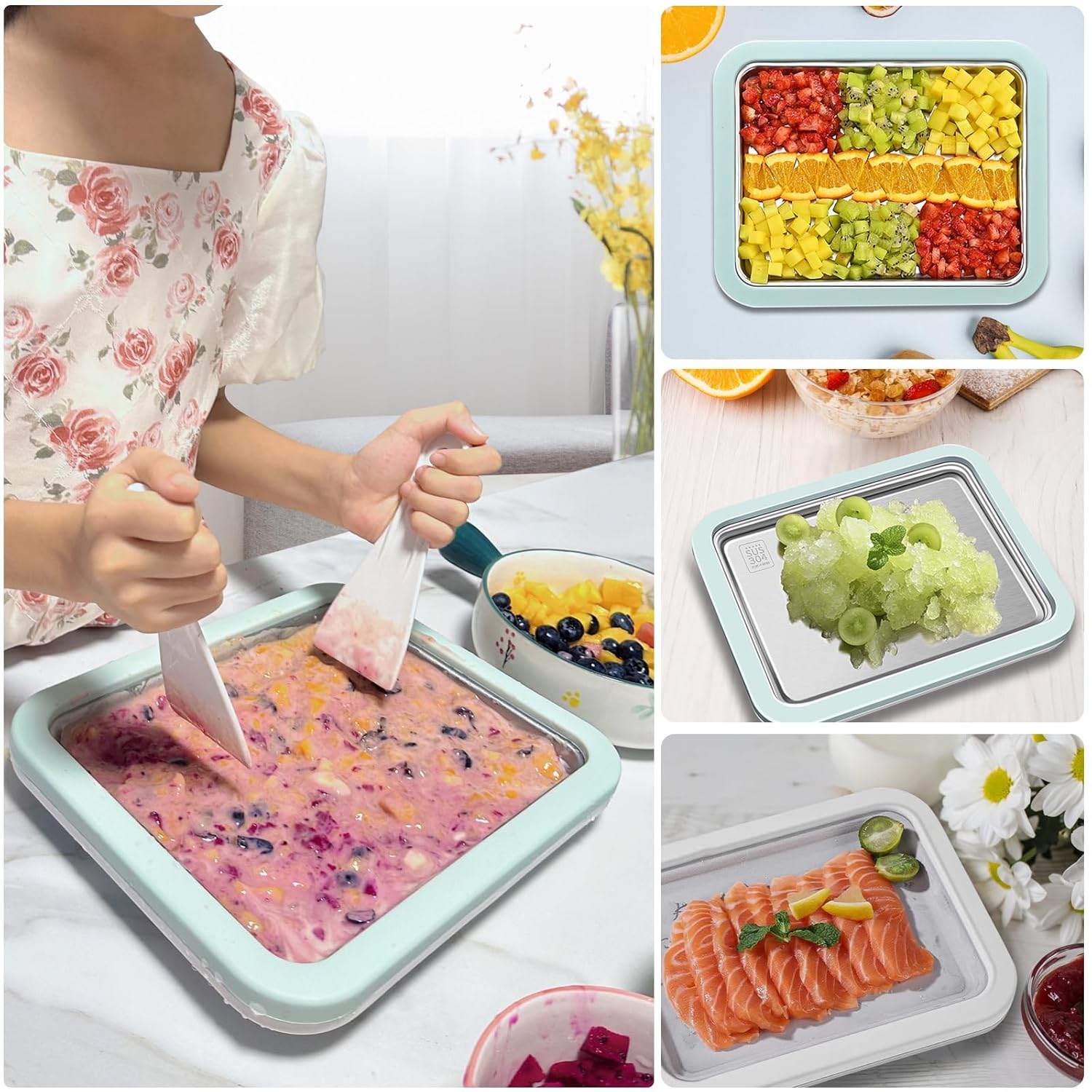 Ice Cream Roller Maker Pan, Ice Plate, Ice Cream Rolls Maker, Ice Rolls Machine, Homemade Ice Cream, Ice Cream Plate for Ice Rolls, Stainless Steel, for Frozen Yoghurt Ice Cream Gelato, Green