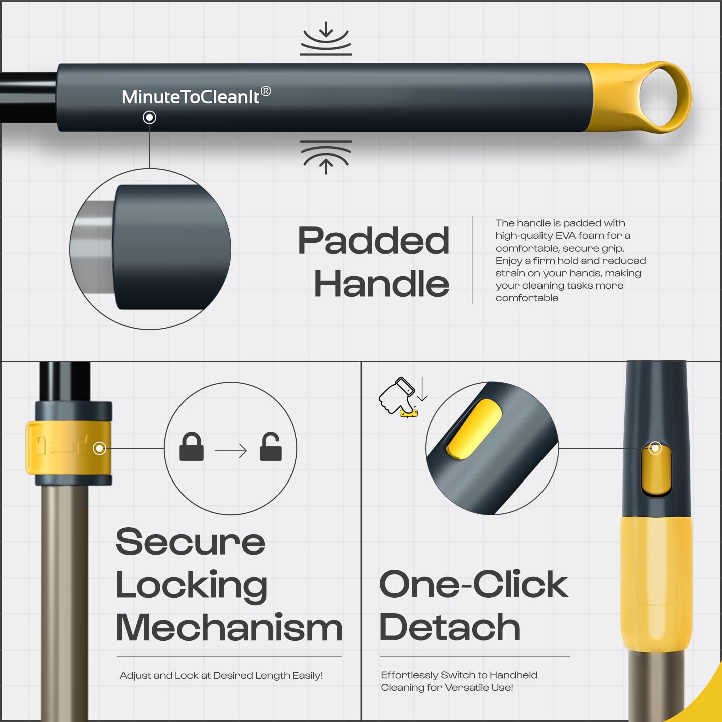 MinuteToCleanIt Bathroom Cleaning Brush with Long Handle, Hard Bristles, Microfiber Pad & Scrubber Combo for Tiles, Floor, Toilet, Window & Glass - 58.2 Inch Extendable Pole, Detachable Head, Yellow