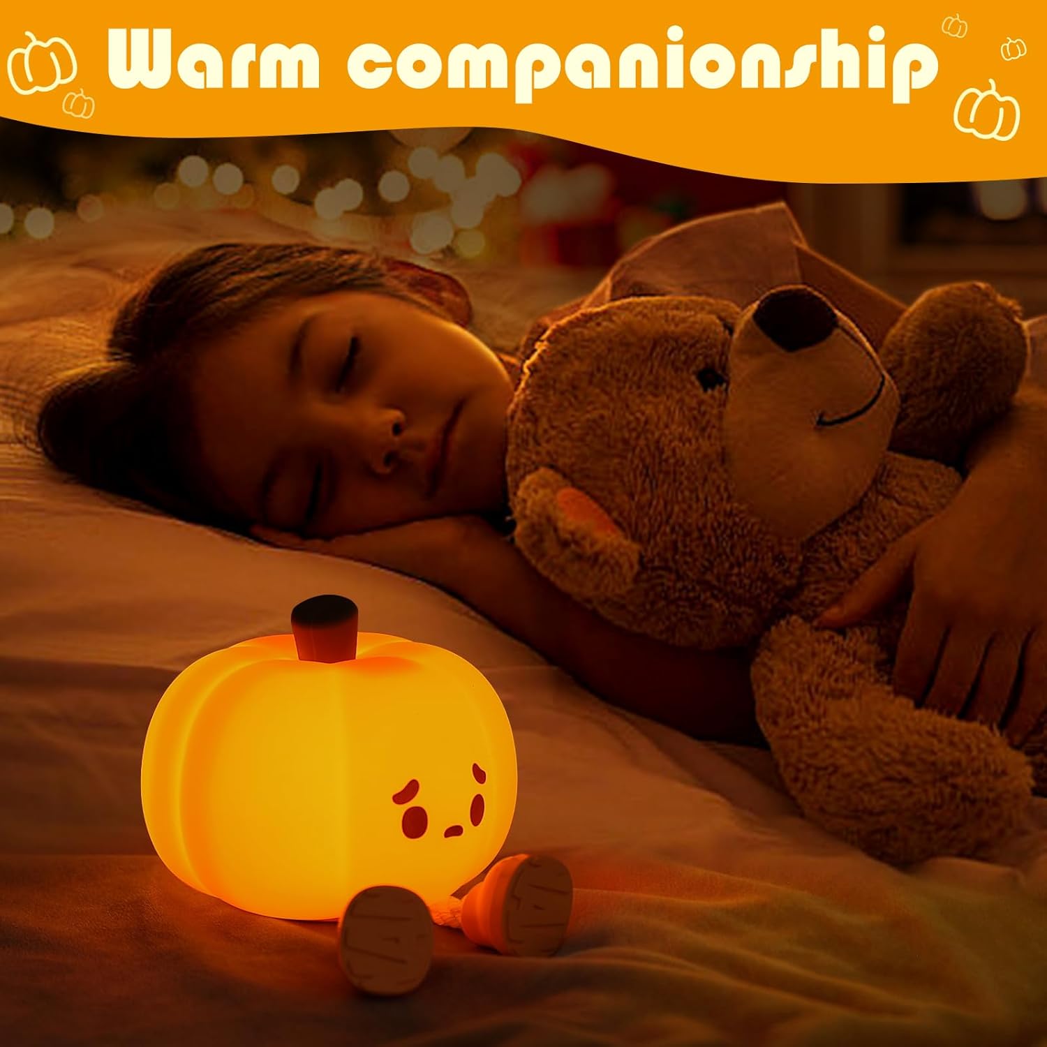 Orange Silicone Squishy Pumpkin Night Light, LED Cute Lamp, Rechargeable Nursery Nightlight with 3 Level Dimmable Bedside Touch Lamp for Bedroom Kids Room Decor