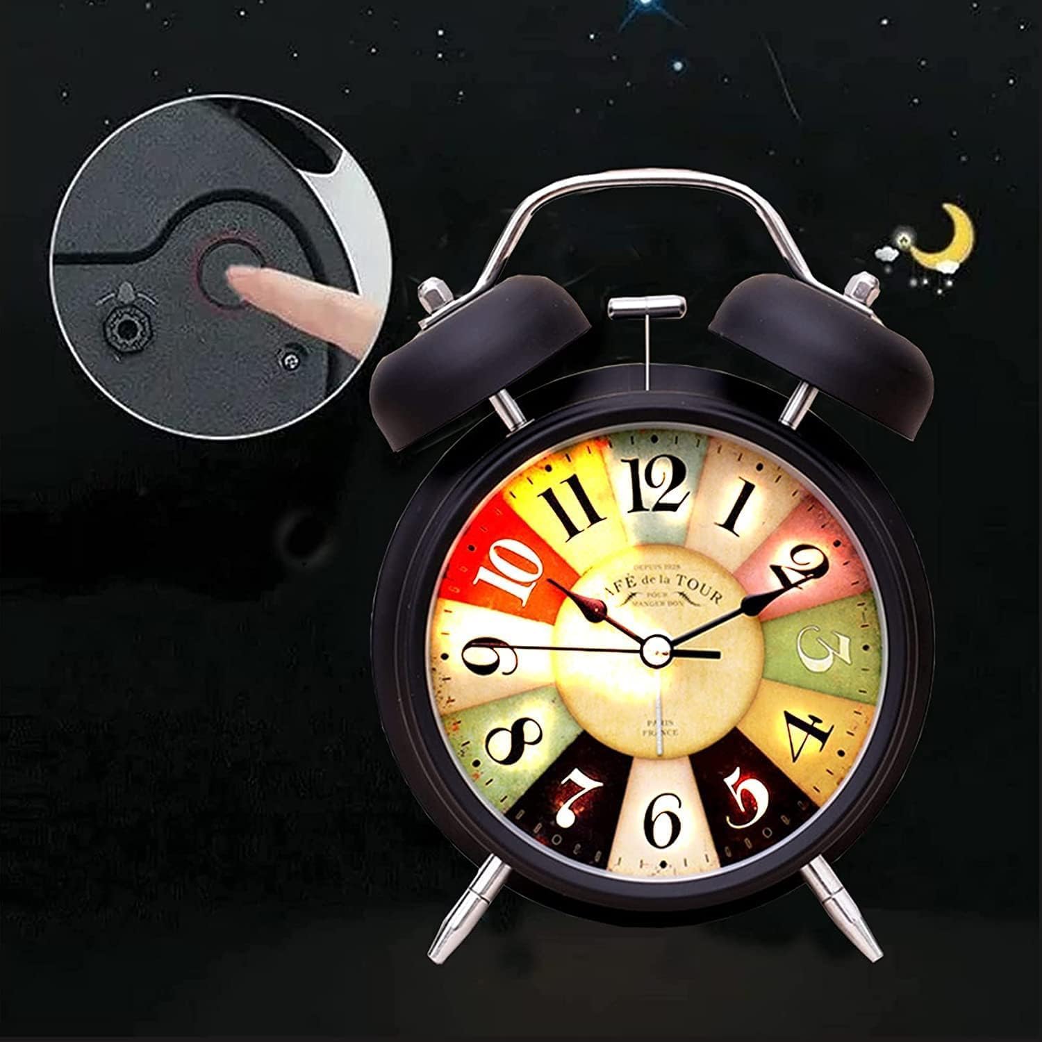Table Clock Retro Twin Bell Metal Frame Alarm Clock with Night Backlight Function & Silent Motion, Bedside Luminous Alarm for Students Bedroom/Office