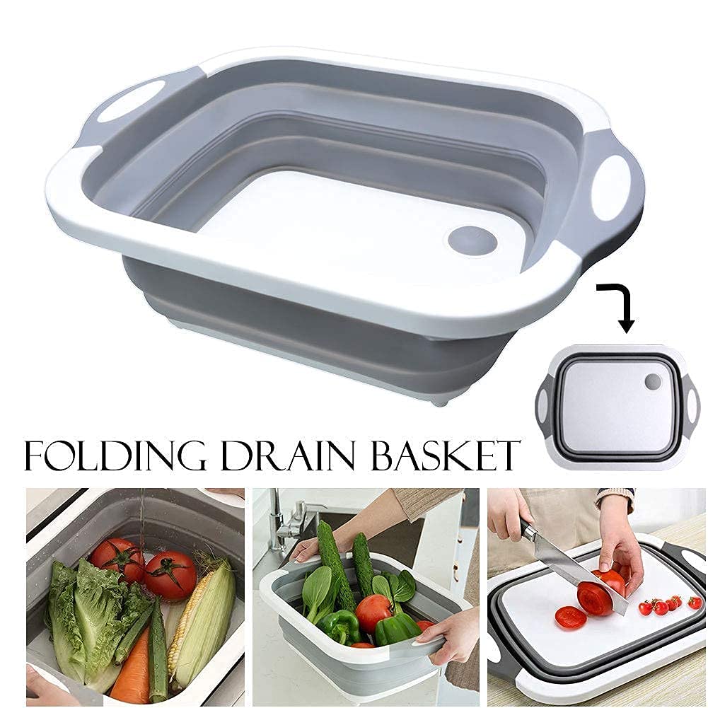 4-in-1 Multipurpose Cutting Board with Washing Bowl – Foldable, Collapsible Dish Tub, Silicone-Based Chopping Board, Fruit & Vegetable Basket for Kitchen, Travel & Outdoor Use