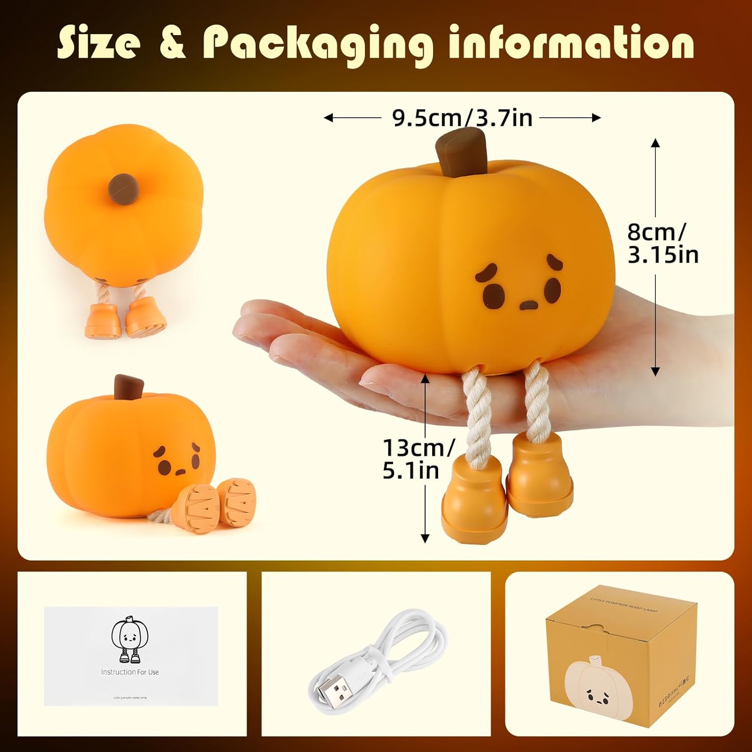 Orange Silicone Squishy Pumpkin Night Light, LED Cute Lamp, Rechargeable Nursery Nightlight with 3 Level Dimmable Bedside Touch Lamp for Bedroom Kids Room Decor