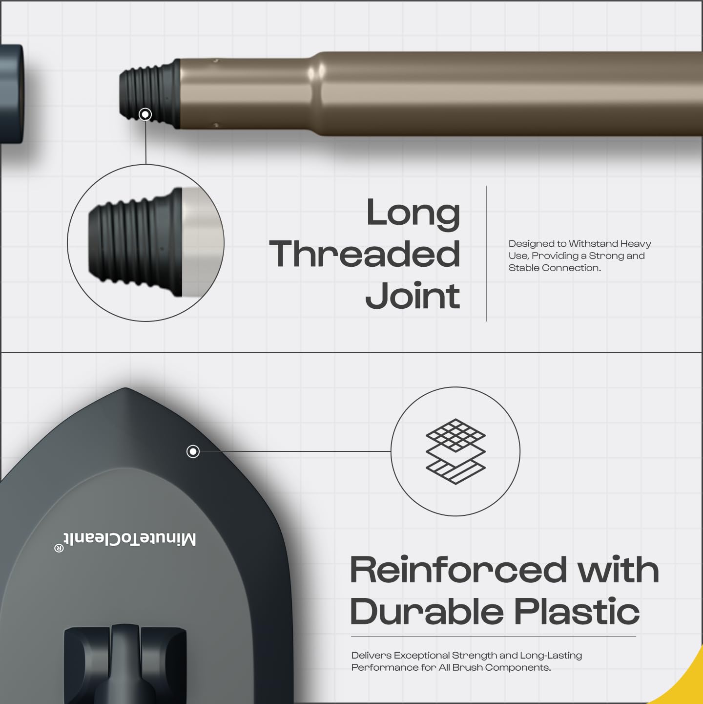 MinuteToCleanIt Bathroom Cleaning Brush with Long Handle, Hard Bristles, Microfiber Pad & Scrubber Combo for Tiles, Floor, Toilet, Window & Glass - 58.2 Inch Extendable Pole, Detachable Head, Yellow