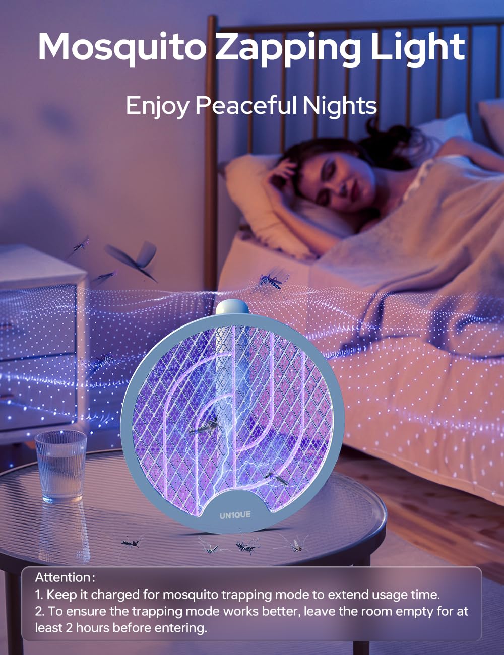 Foldable Swivel Mosquito Bat, 3 in 1 Mosquito Racket USB Rechargeable, Bug Zapper Electric Fly Swatter with UV Light Lamp, Hangable Mosquito Swatter Racket w/Long Lasting Lithium-ion Battery