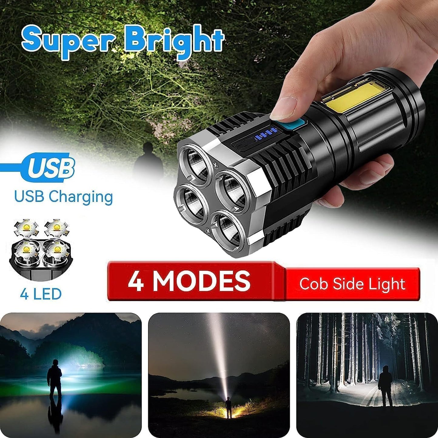 4 in 1 Led Torch Lights Rechargeable Emergency Torch Light 5W USB Charge Flashlight - High Power Long Distance Beam Range 4 Mode Torch for Outdoor,.............
