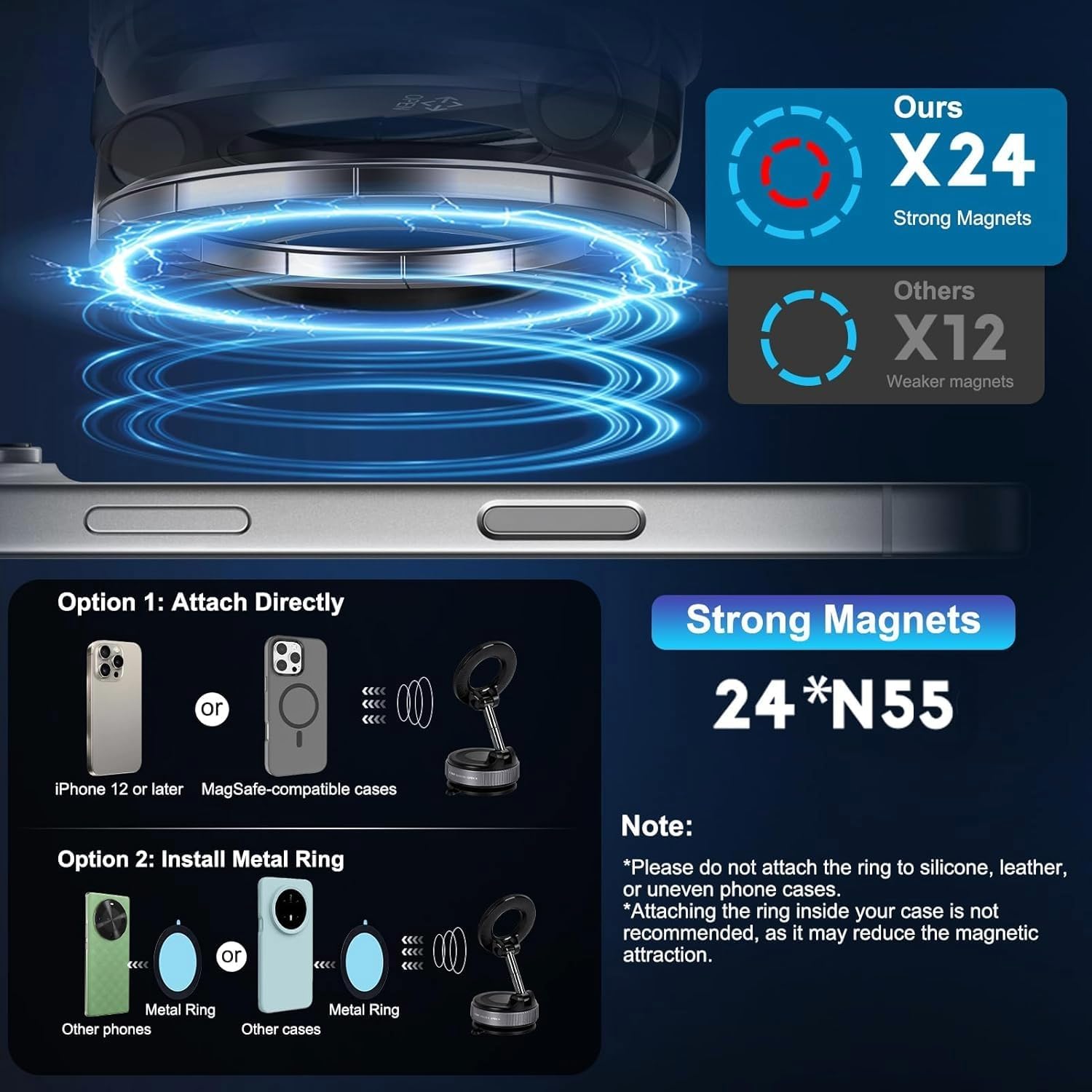 Upgraded 360° Vaccum Magnetic Phones Holder, Magnetic Car Phone Mount, Hands-Free Suction Cup Phones Holder for Car/Gym/Mirror/Shower, Car Mount Compatible with All Mobile (Pro Black)