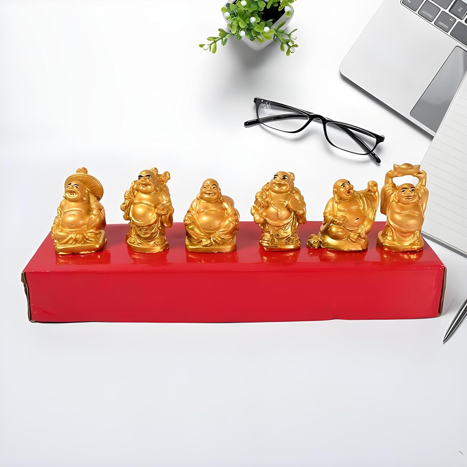 Golden Laughing Buddha Set of Six Pieces Statue | Feng Shui Set Figurine/Golden Statue/Decorative Showpiece/Happy & Success, Wealth & Good Luck, Decorative Idol