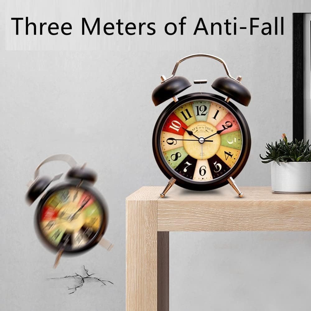 Table Clock Retro Twin Bell Metal Frame Alarm Clock with Night Backlight Function & Silent Motion, Bedside Luminous Alarm for Students Bedroom/Office