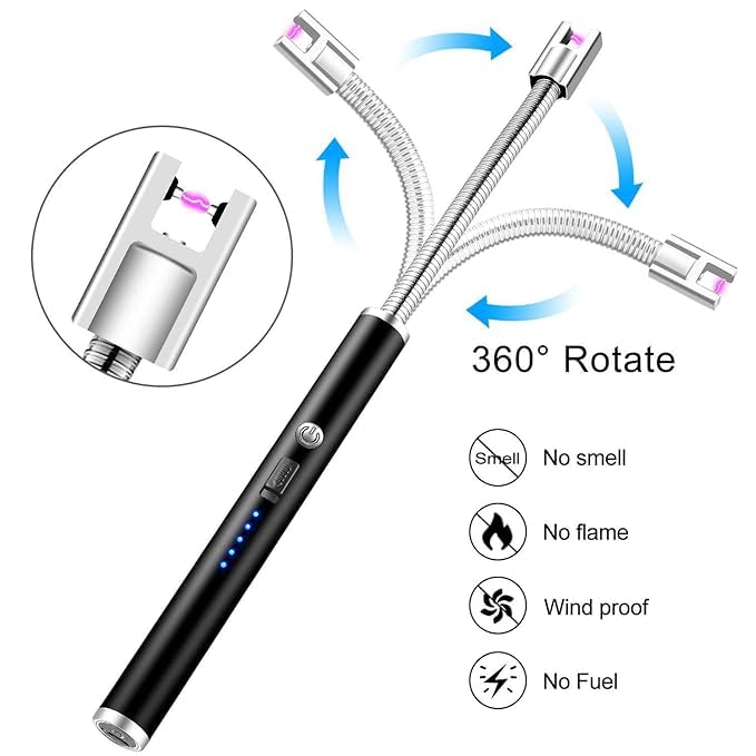 Electric Lighter for Candles Rechargeable Electric Gas Lighter Home Use Candle Lighter Plasma Flameless Windproof USB Lighter 360° Flexible Neck Arc Lighter (Multicolor)