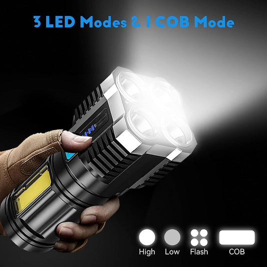 4 in 1 Led Torch Lights Rechargeable Emergency Torch Light 5W USB Charge Flashlight - High Power Long Distance Beam Range 4 Mode Torch for Outdoor,.............