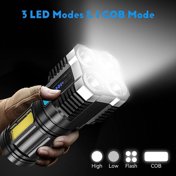 4 in 1 Led Torch Lights Rechargeable Emergency Torch Light 5W USB Charge Flashlight - High Power Long Distance Beam Range 4 Mode Torch for Outdoor,.............