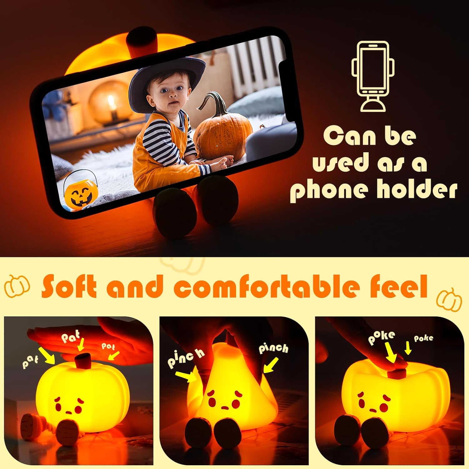Orange Silicone Squishy Pumpkin Night Light, LED Cute Lamp, Rechargeable Nursery Nightlight with 3 Level Dimmable Bedside Touch Lamp for Bedroom Kids Room Decor