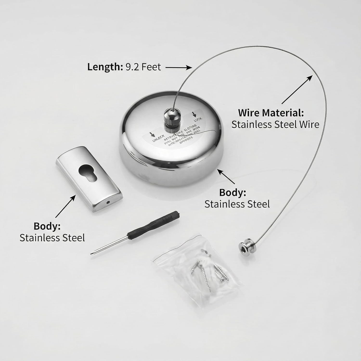 Retractable Clothesline, 304 Stainless Steel, 9.2 Feet Stainles Steel Wire, Modern Round Style, Wall-Mounted, Indoor Outdoor Laundry