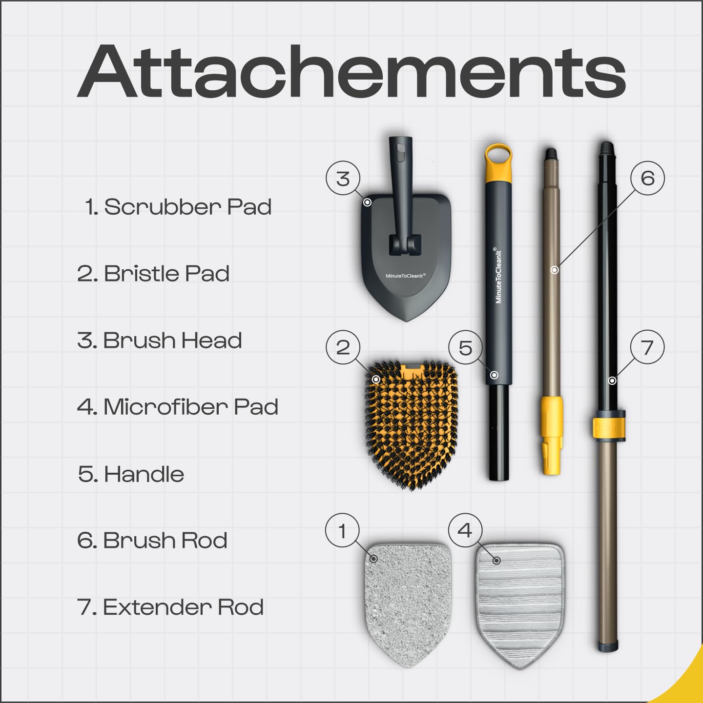 MinuteToCleanIt Bathroom Cleaning Brush with Long Handle, Hard Bristles, Microfiber Pad & Scrubber Combo for Tiles, Floor, Toilet, Window & Glass - 58.2 Inch Extendable Pole, Detachable Head, Yellow