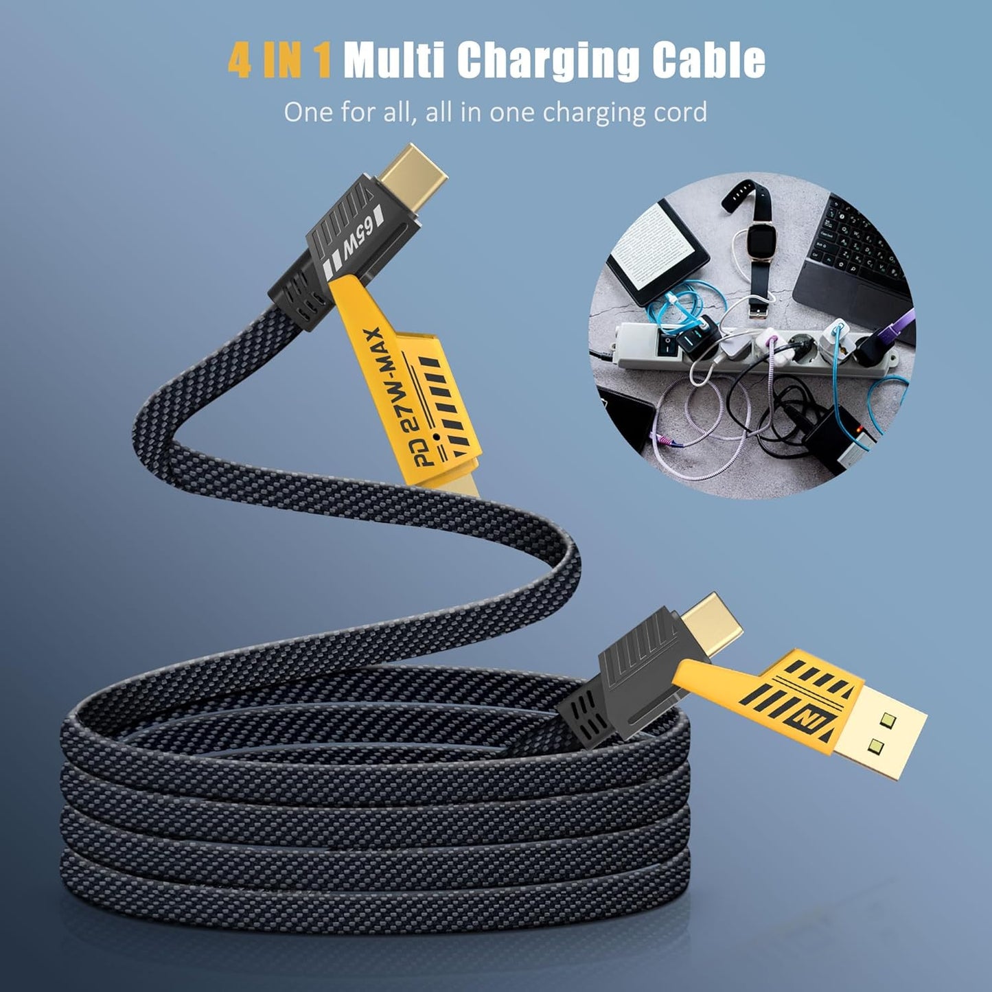 Ultra Fast Charging Cable 4 in 1 [1.8M] Nylon Universal Multiple USB Cable with USB A/USB Type C to 65W USB C + 27W PD Data Cable Charger Wire Compatible with All Mobiles