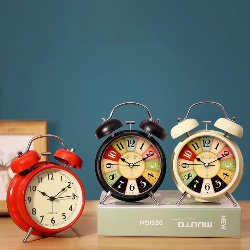 Table Clock Retro Twin Bell Metal Frame Alarm Clock with Night Backlight Function & Silent Motion, Bedside Luminous Alarm for Students Bedroom/Office
