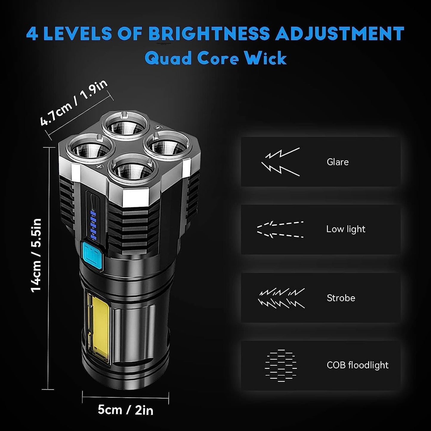 4 in 1 Led Torch Lights Rechargeable Emergency Torch Light 5W USB Charge Flashlight - High Power Long Distance Beam Range 4 Mode Torch for Outdoor,.............