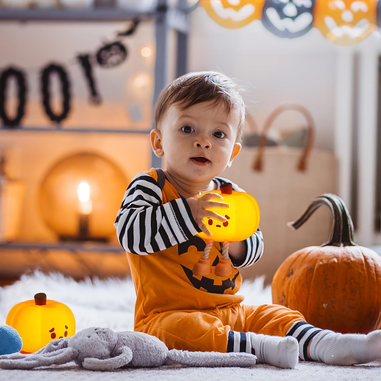 Orange Silicone Squishy Pumpkin Night Light, LED Cute Lamp, Rechargeable Nursery Nightlight with 3 Level Dimmable Bedside Touch Lamp for Bedroom Kids Room Decor