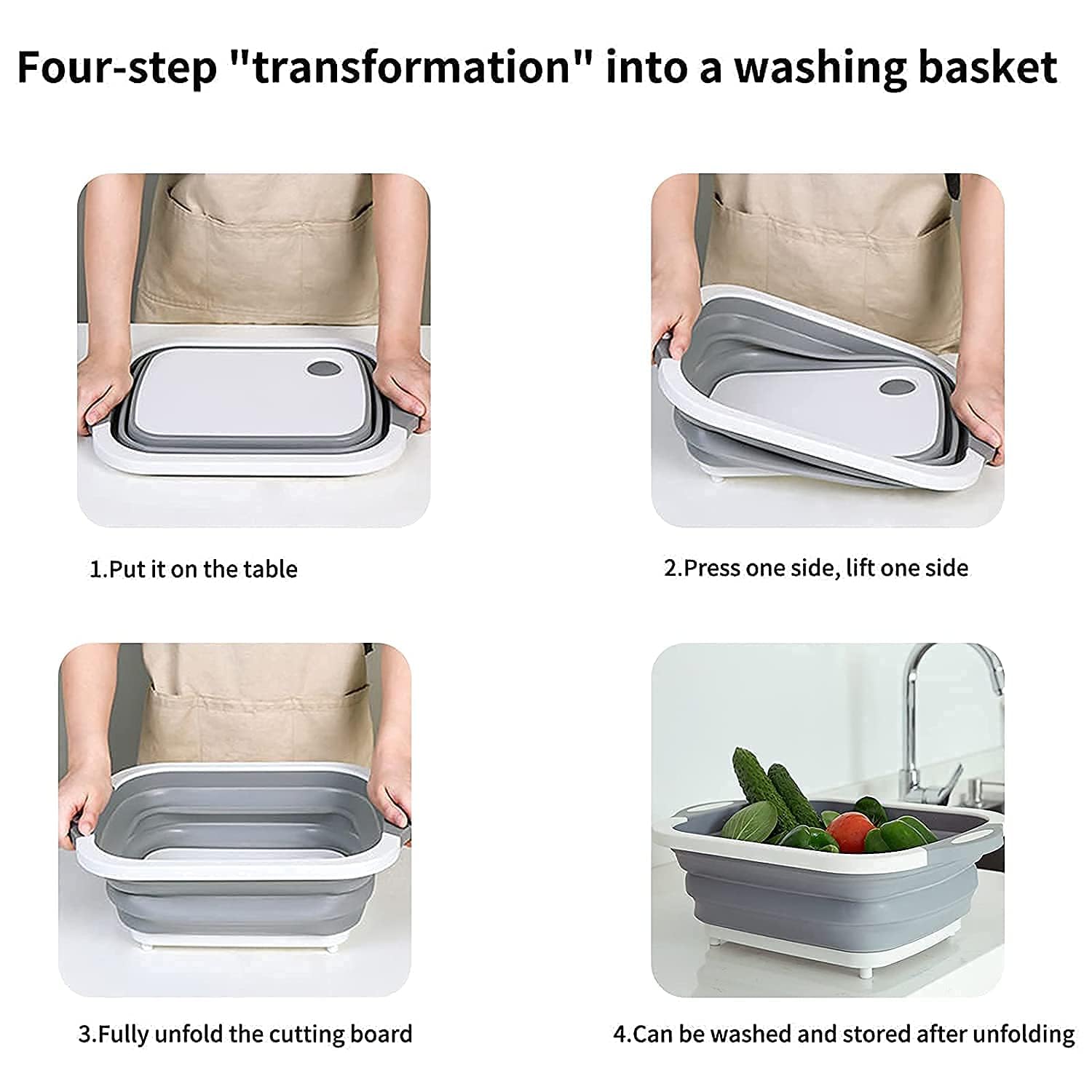 4-in-1 Multipurpose Cutting Board with Washing Bowl – Foldable, Collapsible Dish Tub, Silicone-Based Chopping Board, Fruit & Vegetable Basket for Kitchen, Travel & Outdoor Use