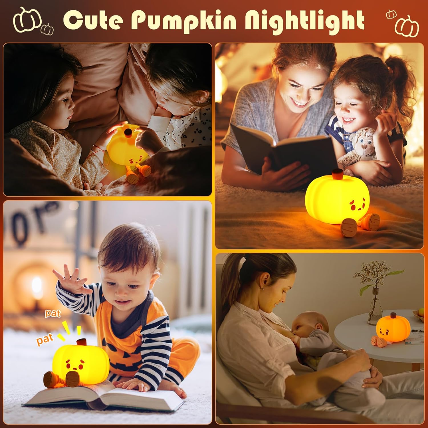 Orange Silicone Squishy Pumpkin Night Light, LED Cute Lamp, Rechargeable Nursery Nightlight with 3 Level Dimmable Bedside Touch Lamp for Bedroom Kids Room Decor