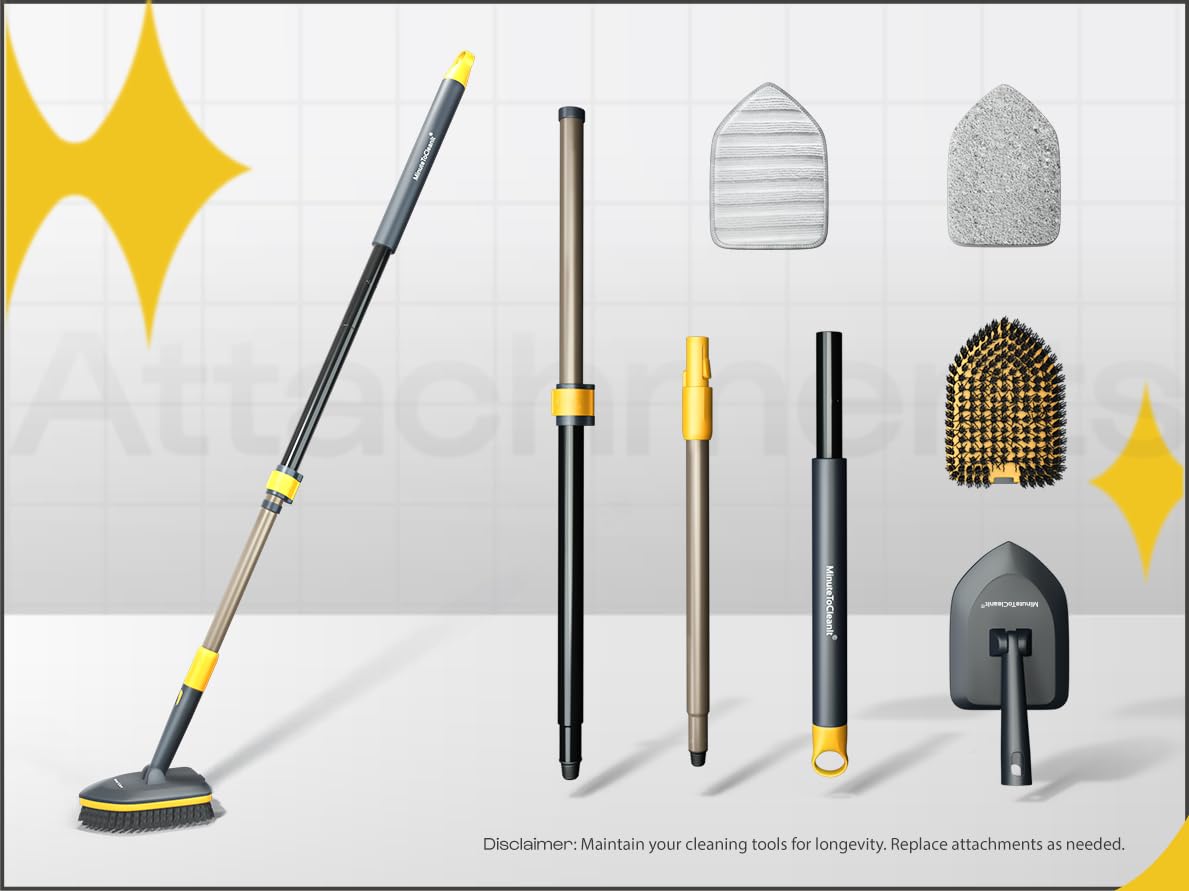 MinuteToCleanIt Bathroom Cleaning Brush with Long Handle, Hard Bristles, Microfiber Pad & Scrubber Combo for Tiles, Floor, Toilet, Window & Glass - 58.2 Inch Extendable Pole, Detachable Head, Yellow