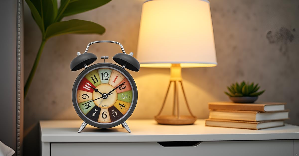 Table Clock Retro Twin Bell Metal Frame Alarm Clock with Night Backlight Function & Silent Motion, Bedside Luminous Alarm for Students Bedroom/Office